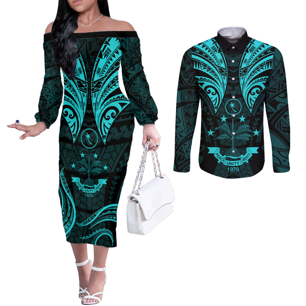 FSM Chuuk States Couples Matching Off The Shoulder Long Sleeve Dress and Long Sleeve Button Shirts Micronesia Vintage Polynesian Tribal Aqua Version LT9 Aqua - Polynesian Pride