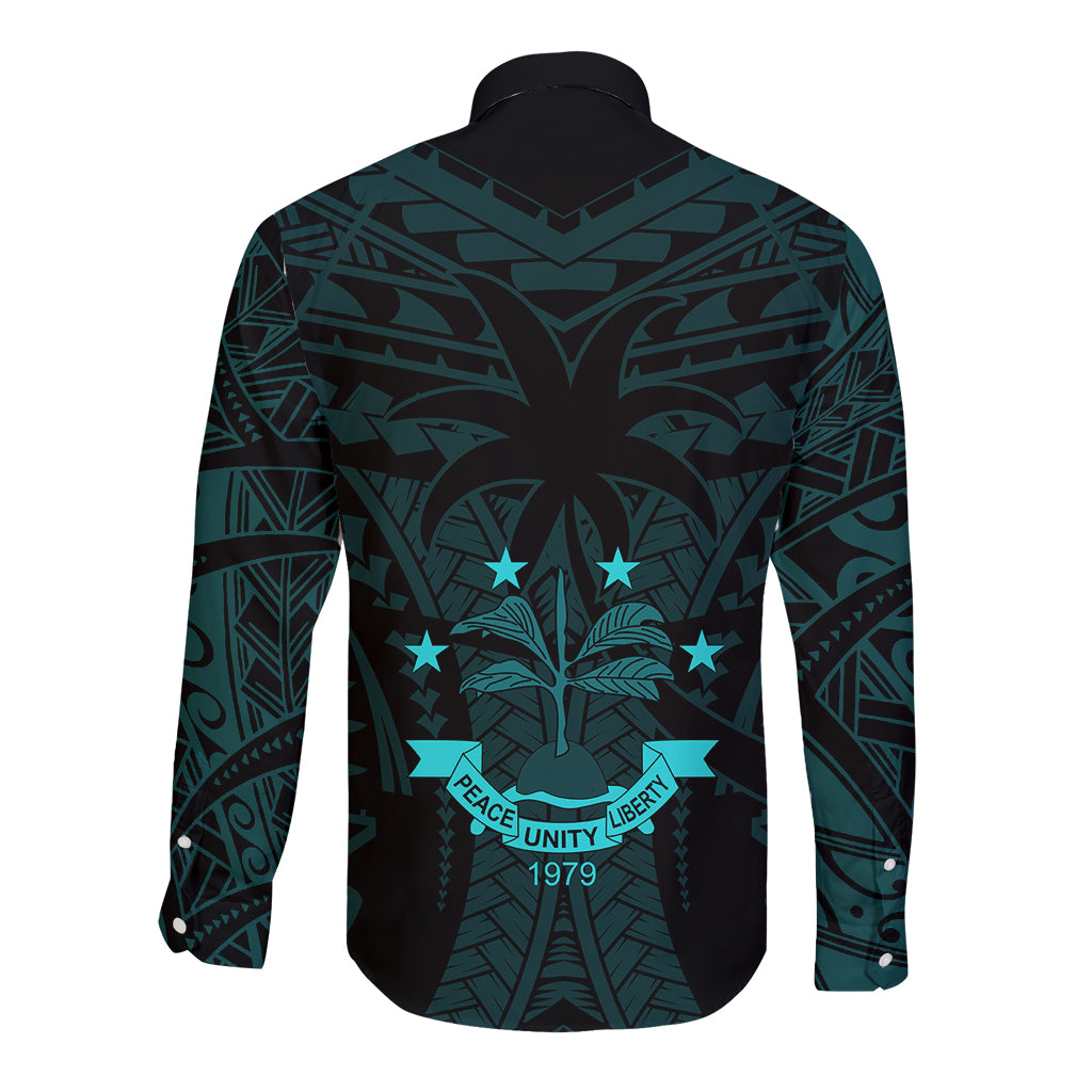 FSM Chuuk States Long Sleeve Button Shirt Micronesia Vintage Polynesian Tribal Aqua Version LT9 - Polynesian Pride