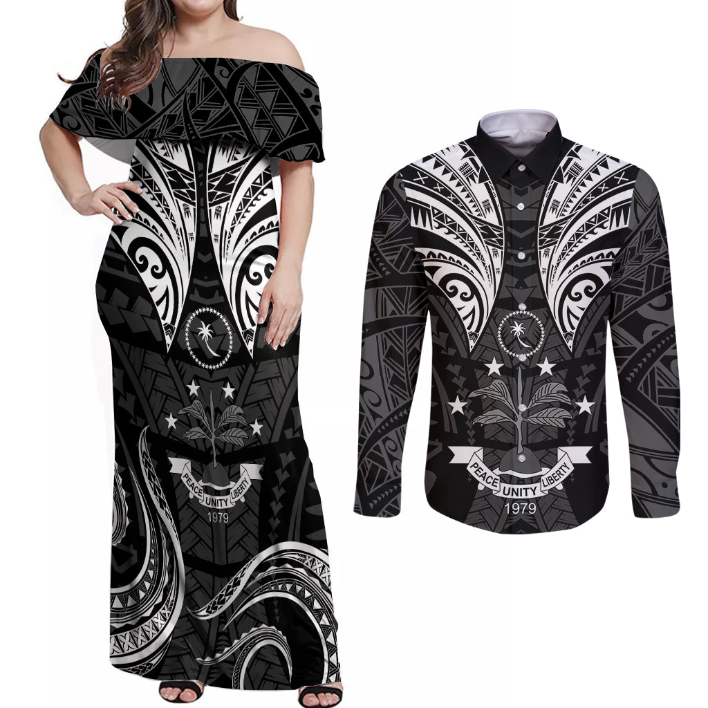 FSM Chuuk States Couples Matching Off Shoulder Maxi Dress and Long Sleeve Button Shirts Micronesia Vintage Polynesian Tribal Black Version LT9 Black - Polynesian Pride