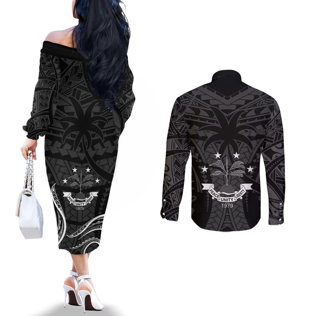 FSM Chuuk States Couples Matching Off The Shoulder Long Sleeve Dress and Long Sleeve Button Shirts Micronesia Vintage Polynesian Tribal Black Version LT9 - Polynesian Pride