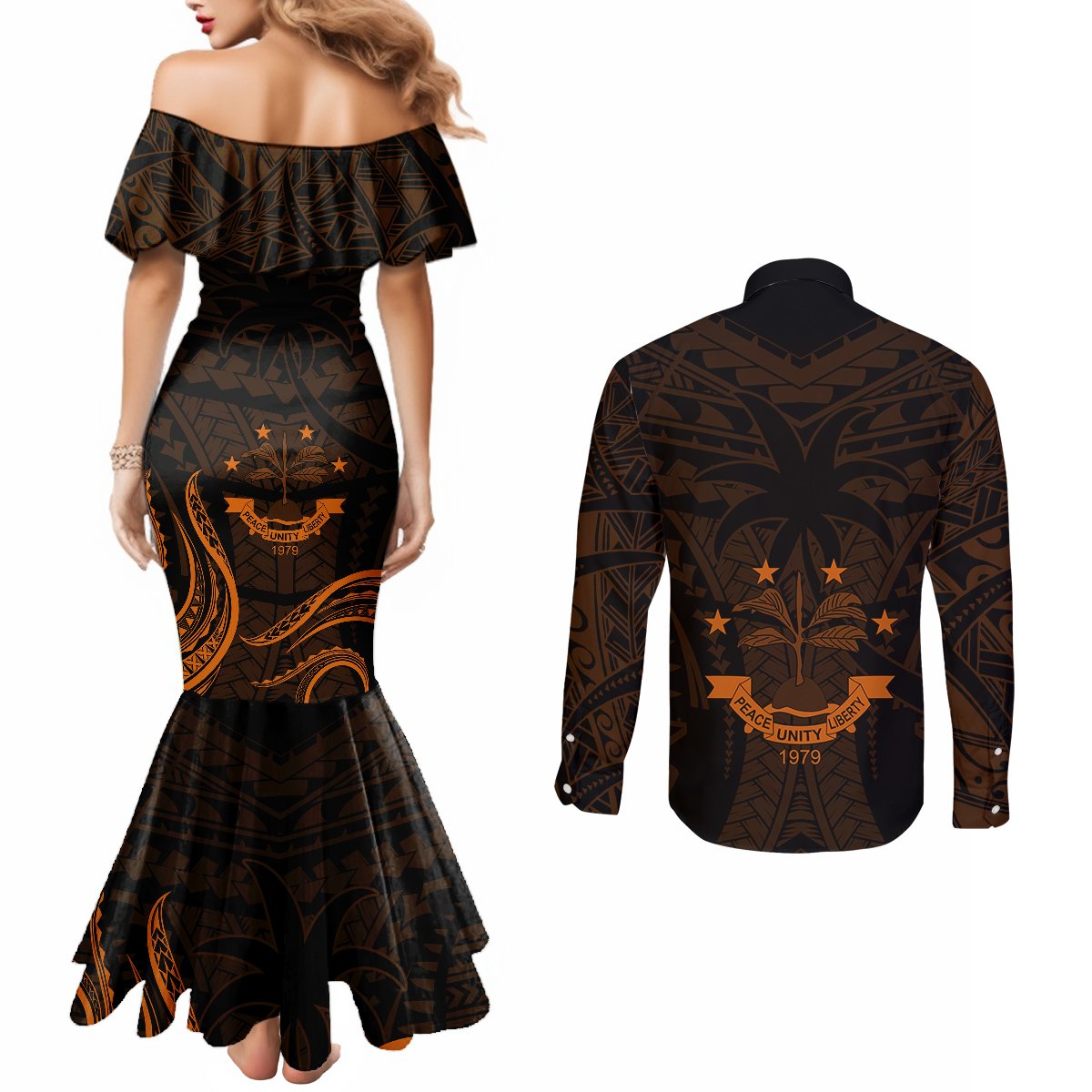 FSM Chuuk States Couples Matching Mermaid Dress and Long Sleeve Button Shirts Micronesia Vintage Polynesian Tribal Gold Version LT9 - Polynesian Pride