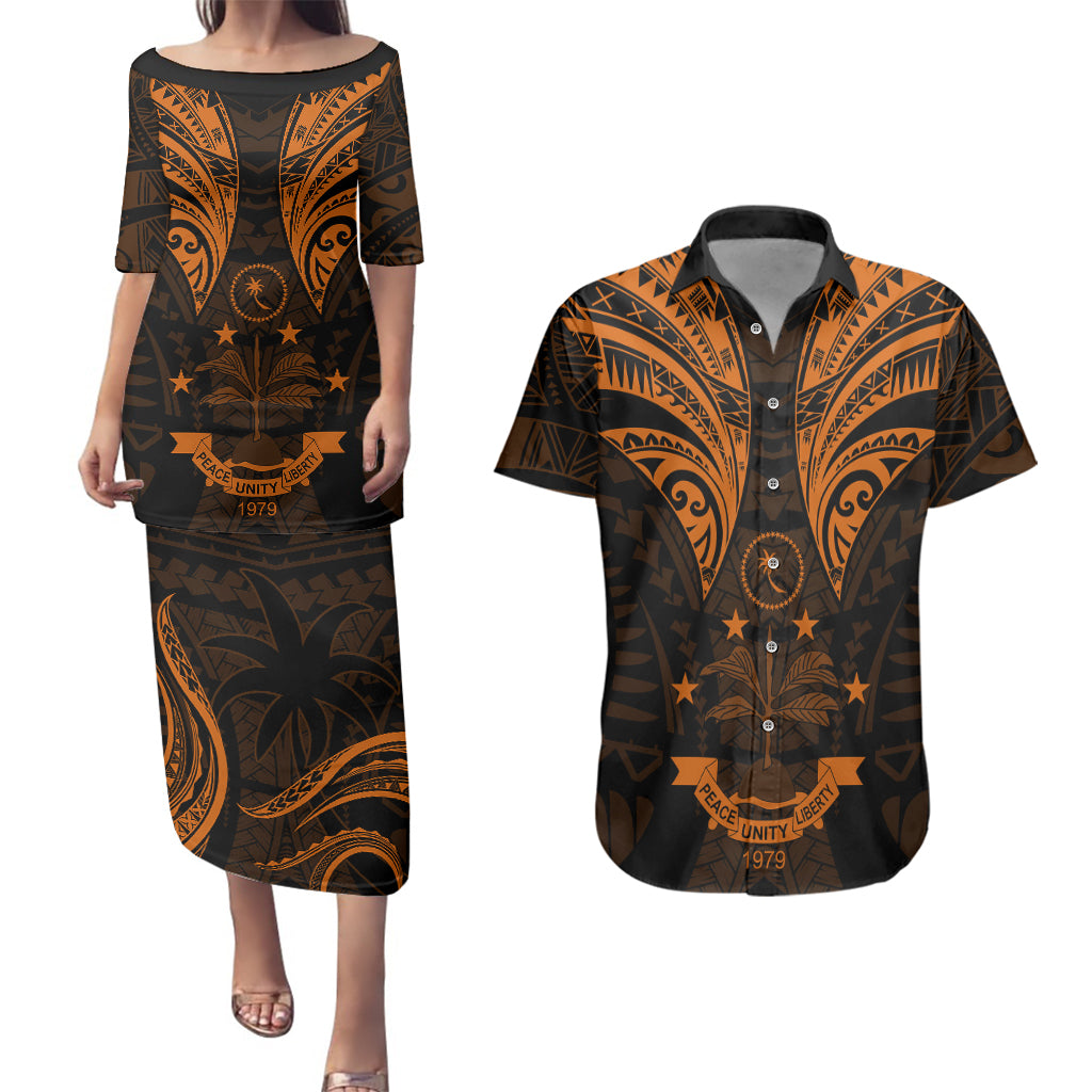 FSM Chuuk States Couples Matching Puletasi Dress and Hawaiian Shirt Micronesia Vintage Polynesian Tribal Gold Version LT9 Gold - Polynesian Pride