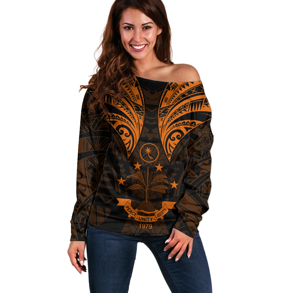 FSM Chuuk States Off Shoulder Sweater Micronesia Vintage Polynesian Tribal Gold Version LT9 Women Gold - Polynesian Pride