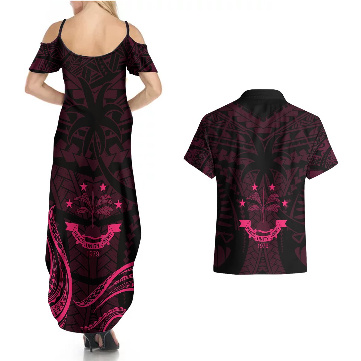 FSM Chuuk States Couples Matching Summer Maxi Dress and Hawaiian Shirt Micronesia Vintage Polynesian Tribal Pink Version LT9 - Polynesian Pride