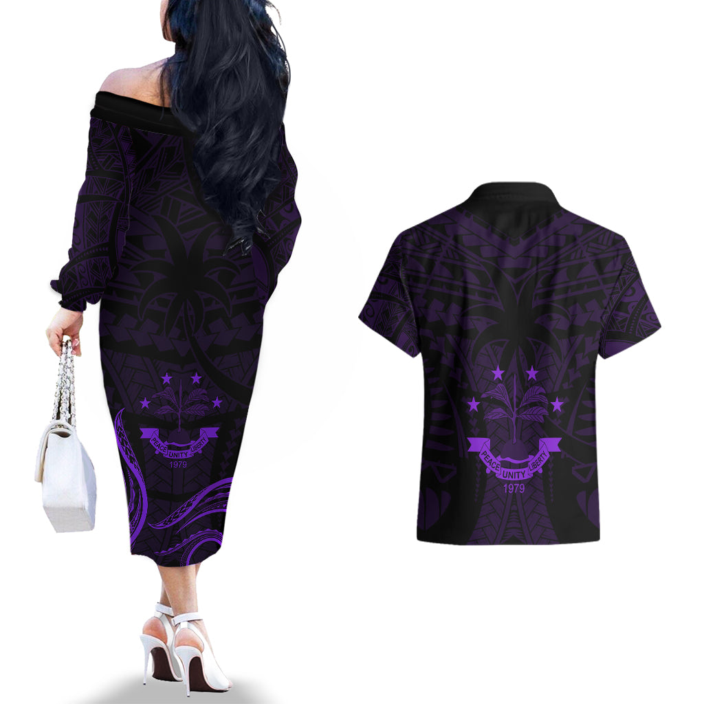 FSM Chuuk States Couples Matching Off The Shoulder Long Sleeve Dress and Hawaiian Shirt Micronesia Vintage Polynesian Tribal Purple Version LT9 - Polynesian Pride