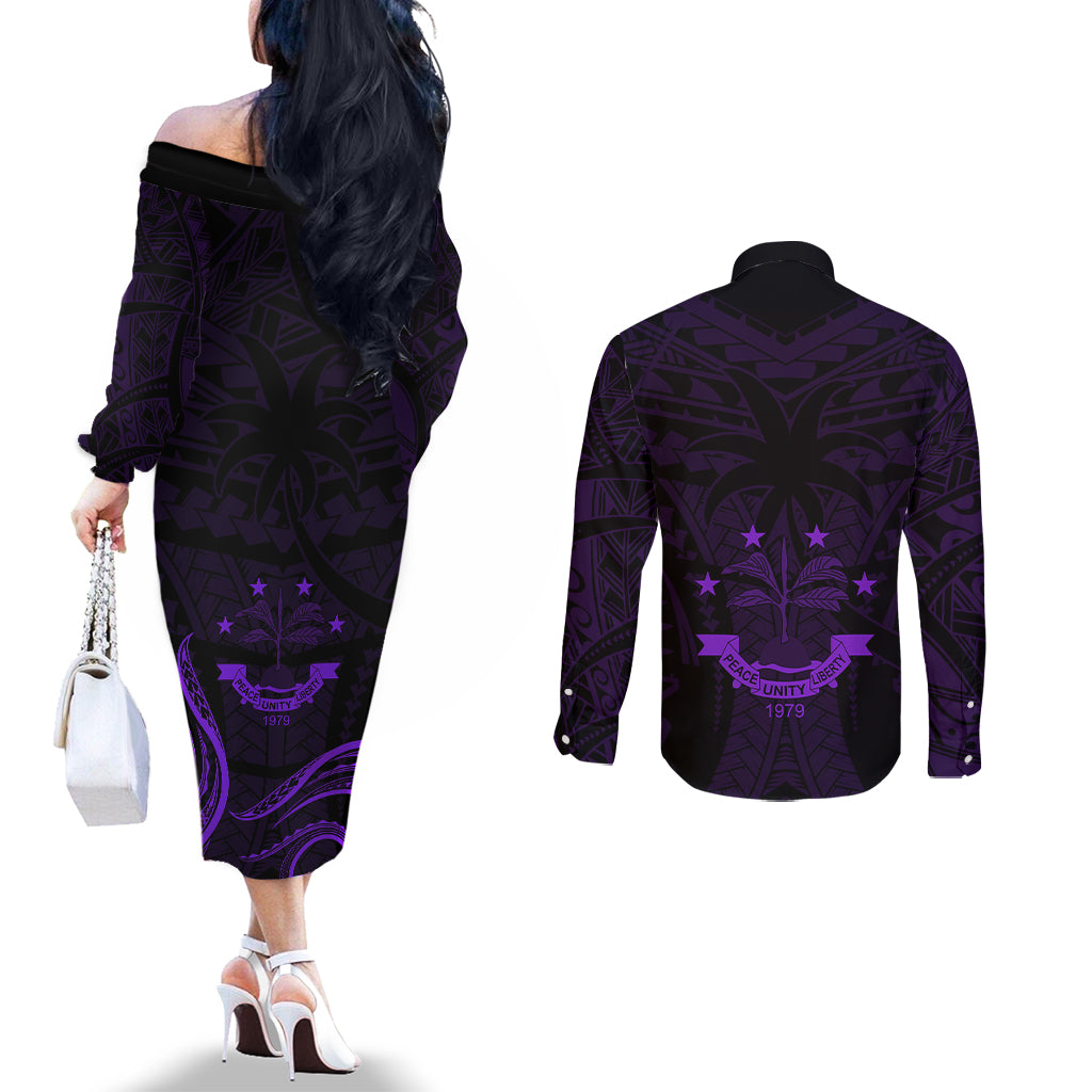 FSM Chuuk States Couples Matching Off The Shoulder Long Sleeve Dress and Long Sleeve Button Shirts Micronesia Vintage Polynesian Tribal Purple Version LT9 - Polynesian Pride