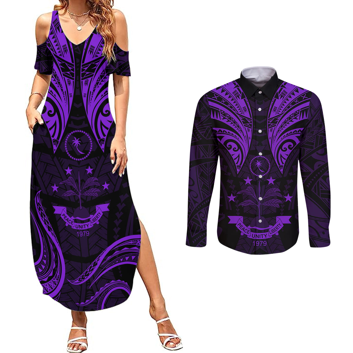 FSM Chuuk States Couples Matching Summer Maxi Dress and Long Sleeve Button Shirts Micronesia Vintage Polynesian Tribal Purple Version LT9 Purple - Polynesian Pride