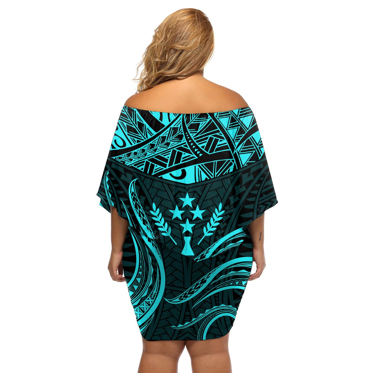 FSM Kosrae States Off Shoulder Short Dress Micronesia Vintage Polynesian Tribal Aqua Version LT9 - Polynesian Pride