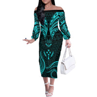 FSM Kosrae States Off The Shoulder Long Sleeve Dress Micronesia Vintage Polynesian Tribal Aqua Version LT9 Women Aqua - Polynesian Pride