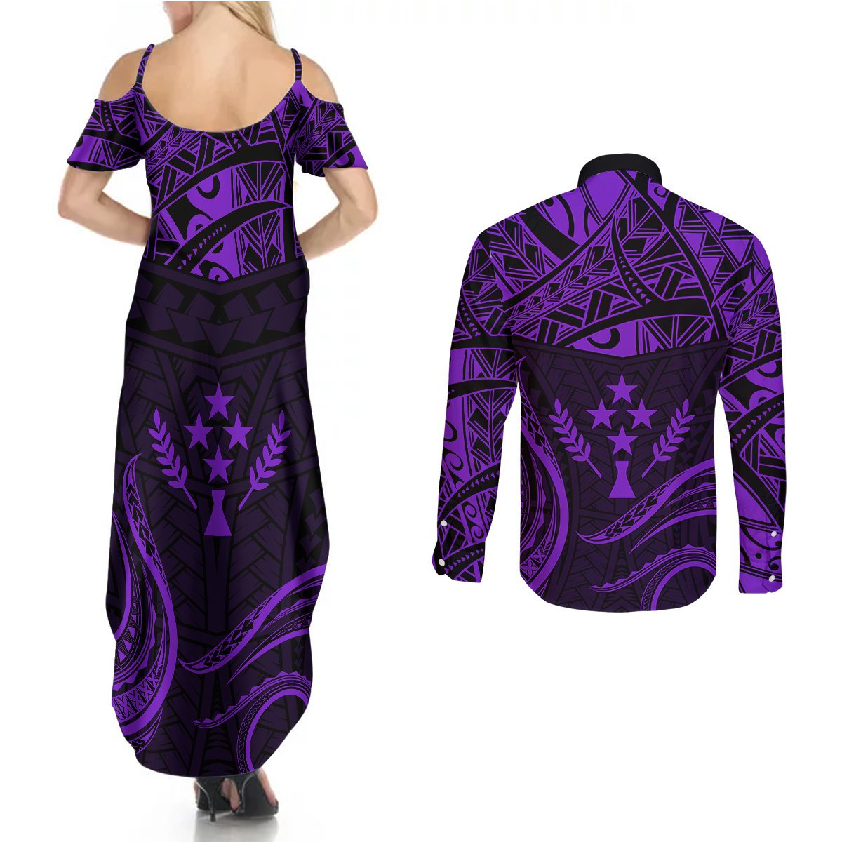 FSM Kosrae States Couples Matching Summer Maxi Dress and Long Sleeve Button Shirts Micronesia Vintage Polynesian Tribal Purple Version LT9 - Polynesian Pride