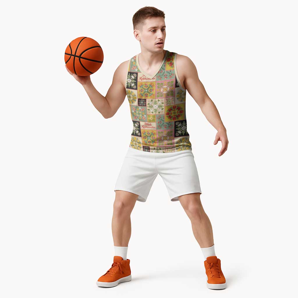 Mele Kalikimaka Hawaii Christmas Basketball Jersey Melemele Mama Seamless Floral Motif - Polynesian Pride