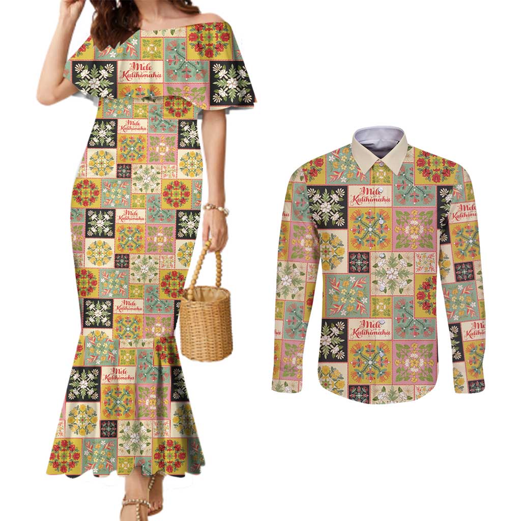 Mele Kalikimaka Hawaii Christmas Couples Matching Mermaid Dress and Long Sleeve Button Shirt Melemele Mama Seamless Floral Motif - Polynesian Pride