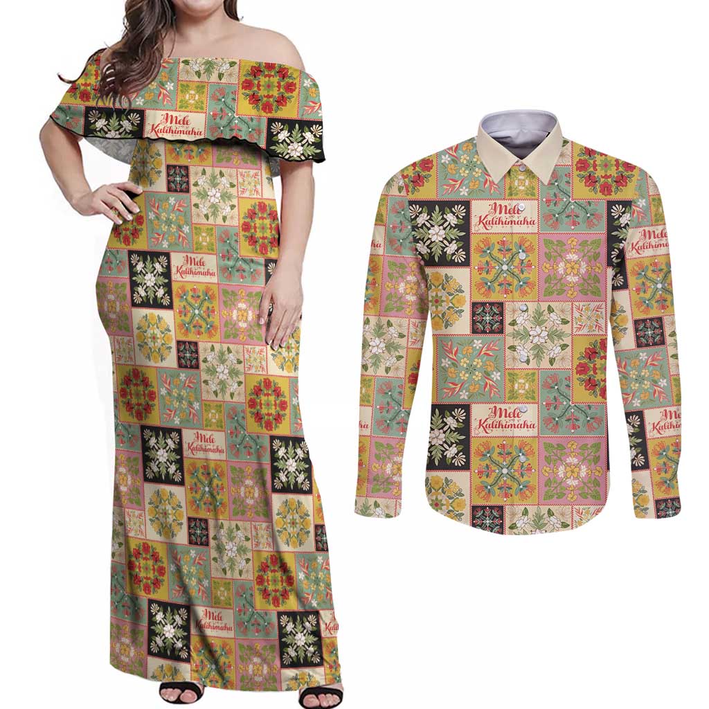 Mele Kalikimaka Hawaii Christmas Couples Matching Off Shoulder Maxi Dress and Long Sleeve Button Shirt Melemele Mama Seamless Floral Motif - Polynesian Pride
