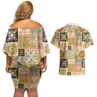 Mele Kalikimaka Hawaii Christmas Couples Matching Off Shoulder Short Dress and Hawaiian Shirt Melemele Mama Seamless Floral Motif LT9 - Polynesian Pride