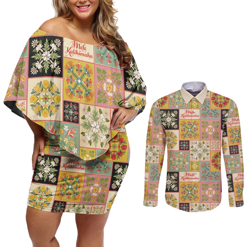Mele Kalikimaka Hawaii Christmas Couples Matching Off Shoulder Short Dress and Long Sleeve Button Shirt Melemele Mama Seamless Floral Motif LT9 Beige - Polynesian Pride