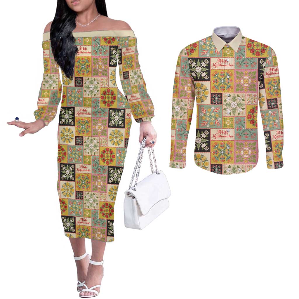 Mele Kalikimaka Hawaii Christmas Couples Matching Off The Shoulder Long Sleeve Dress and Long Sleeve Button Shirt Melemele Mama Seamless Floral Motif LT9 Beige - Polynesian Pride