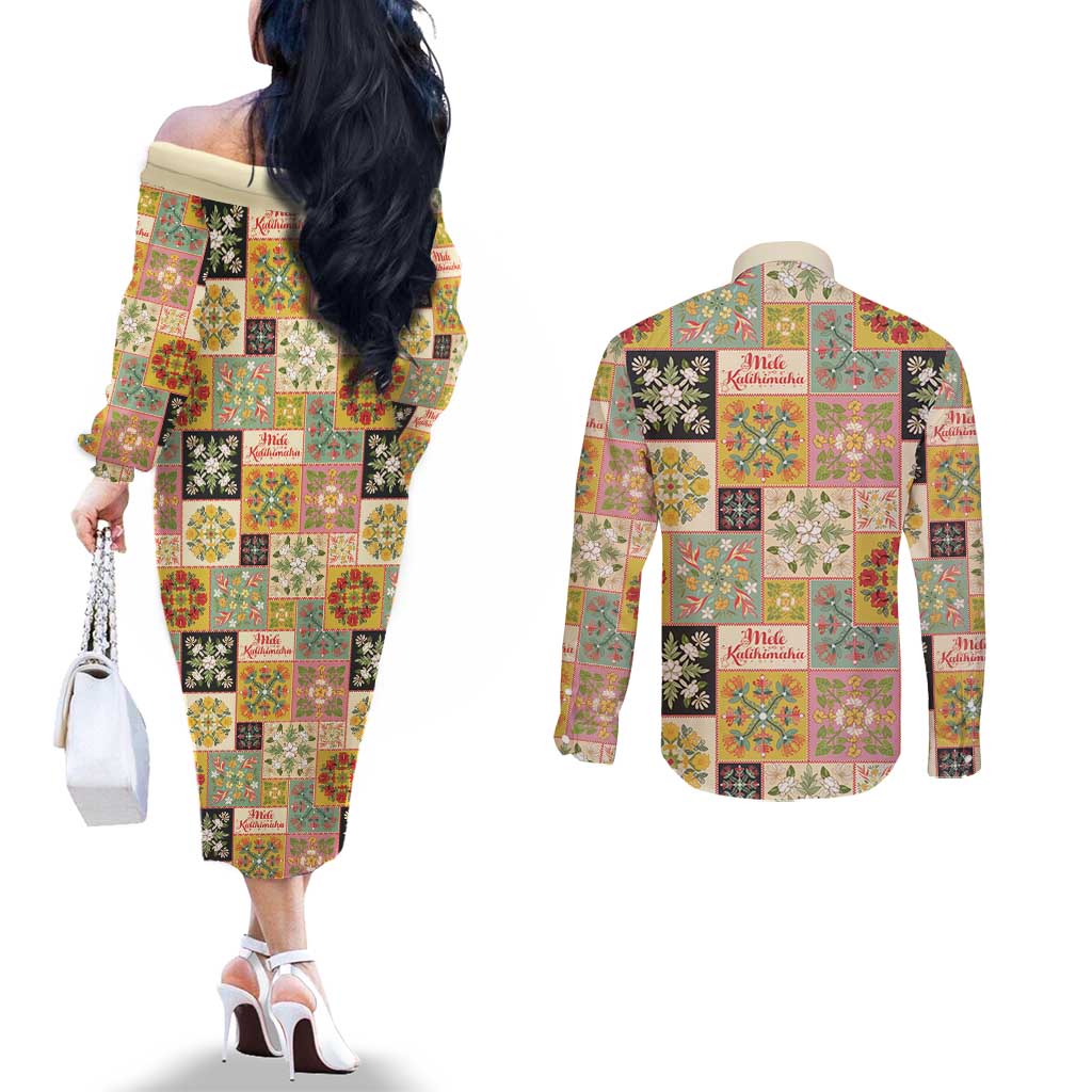Mele Kalikimaka Hawaii Christmas Couples Matching Off The Shoulder Long Sleeve Dress and Long Sleeve Button Shirt Melemele Mama Seamless Floral Motif LT9 - Polynesian Pride