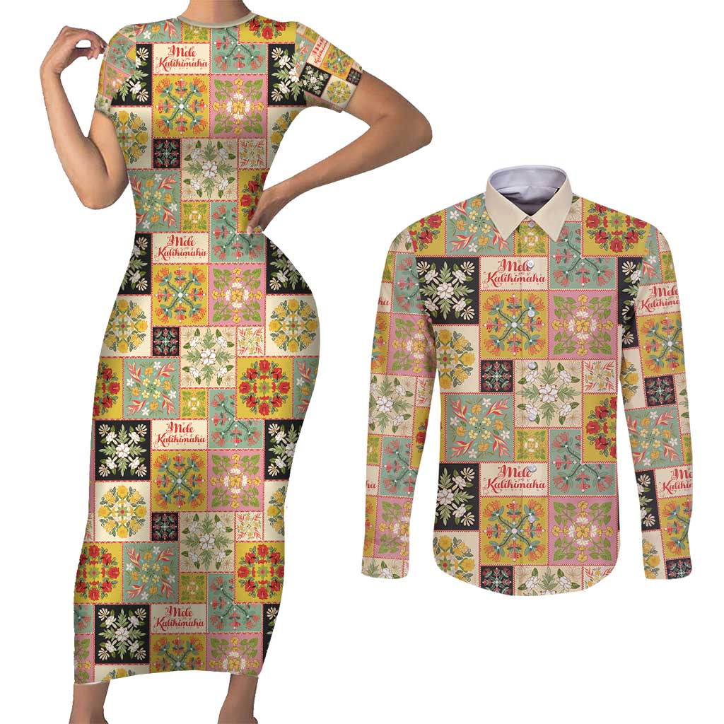 Mele Kalikimaka Hawaii Christmas Couples Matching Short Sleeve Bodycon Dress and Long Sleeve Button Shirt Melemele Mama Seamless Floral Motif - Polynesian Pride