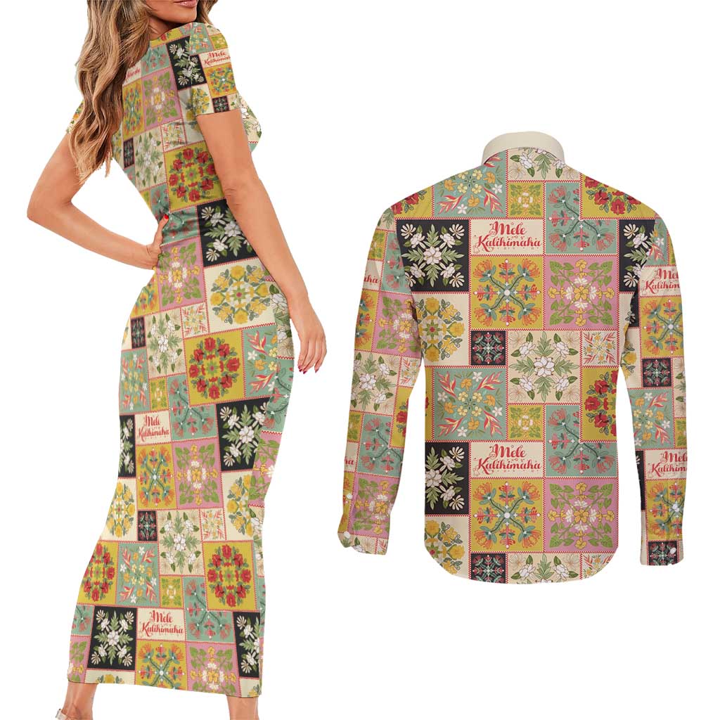 Mele Kalikimaka Hawaii Christmas Couples Matching Short Sleeve Bodycon Dress and Long Sleeve Button Shirt Melemele Mama Seamless Floral Motif LT9 - Polynesian Pride