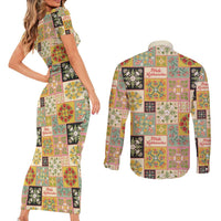 Mele Kalikimaka Hawaii Christmas Couples Matching Short Sleeve Bodycon Dress and Long Sleeve Button Shirt Melemele Mama Seamless Floral Motif LT9 - Polynesian Pride