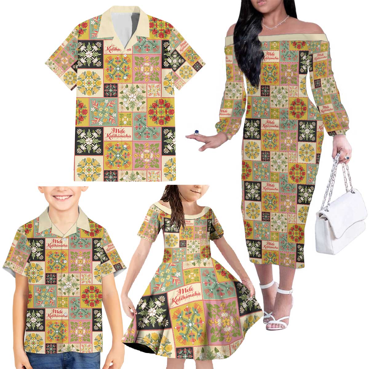 Mele Kalikimaka Hawaii Christmas Family Matching Off The Shoulder Long Sleeve Dress and Hawaiian Shirt Melemele Mama Seamless Floral Motif LT9 - Polynesian Pride