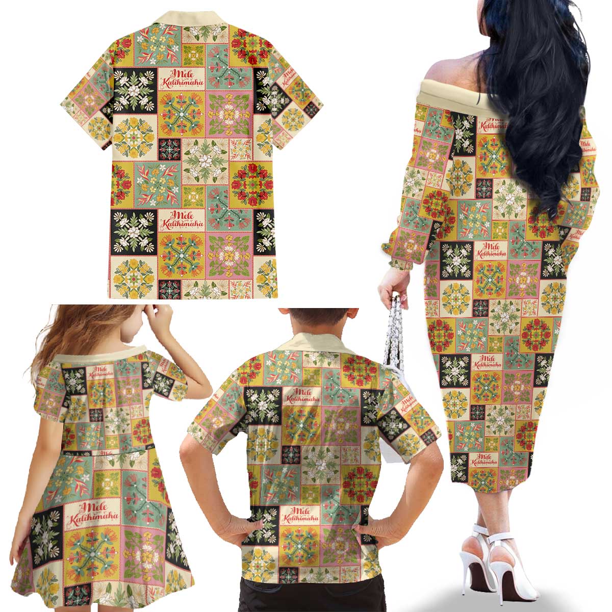 Mele Kalikimaka Hawaii Christmas Family Matching Off The Shoulder Long Sleeve Dress and Hawaiian Shirt Melemele Mama Seamless Floral Motif LT9 - Polynesian Pride
