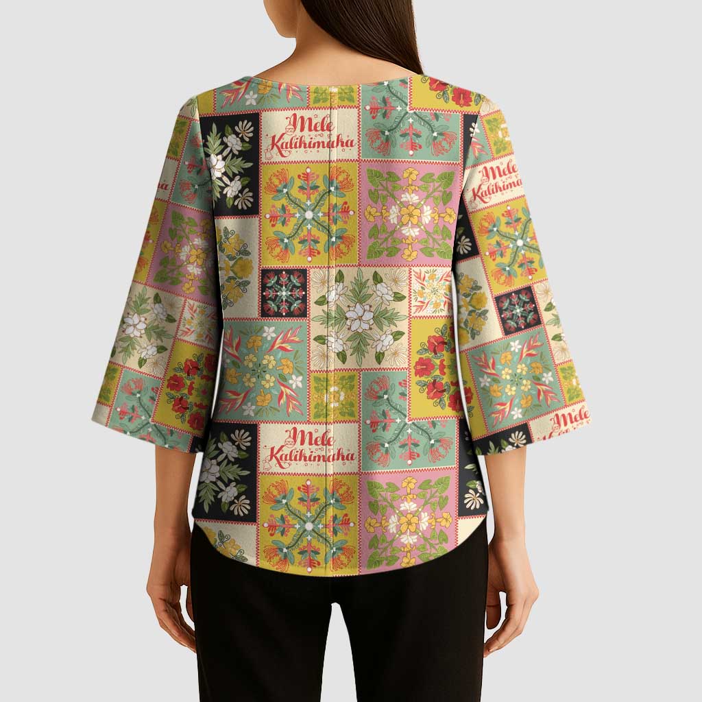 Mele Kalikimaka Hawaii Christmas Kimono Sleeve Blouse Melemele Mama Seamless Floral Motif - Polynesian Pride