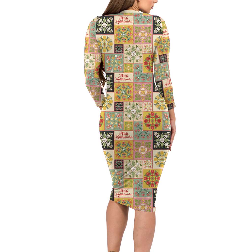 Mele Kalikimaka Hawaii Christmas Long Sleeve Bodycon Dress Melemele Mama Seamless Floral Motif LT9 - Polynesian Pride