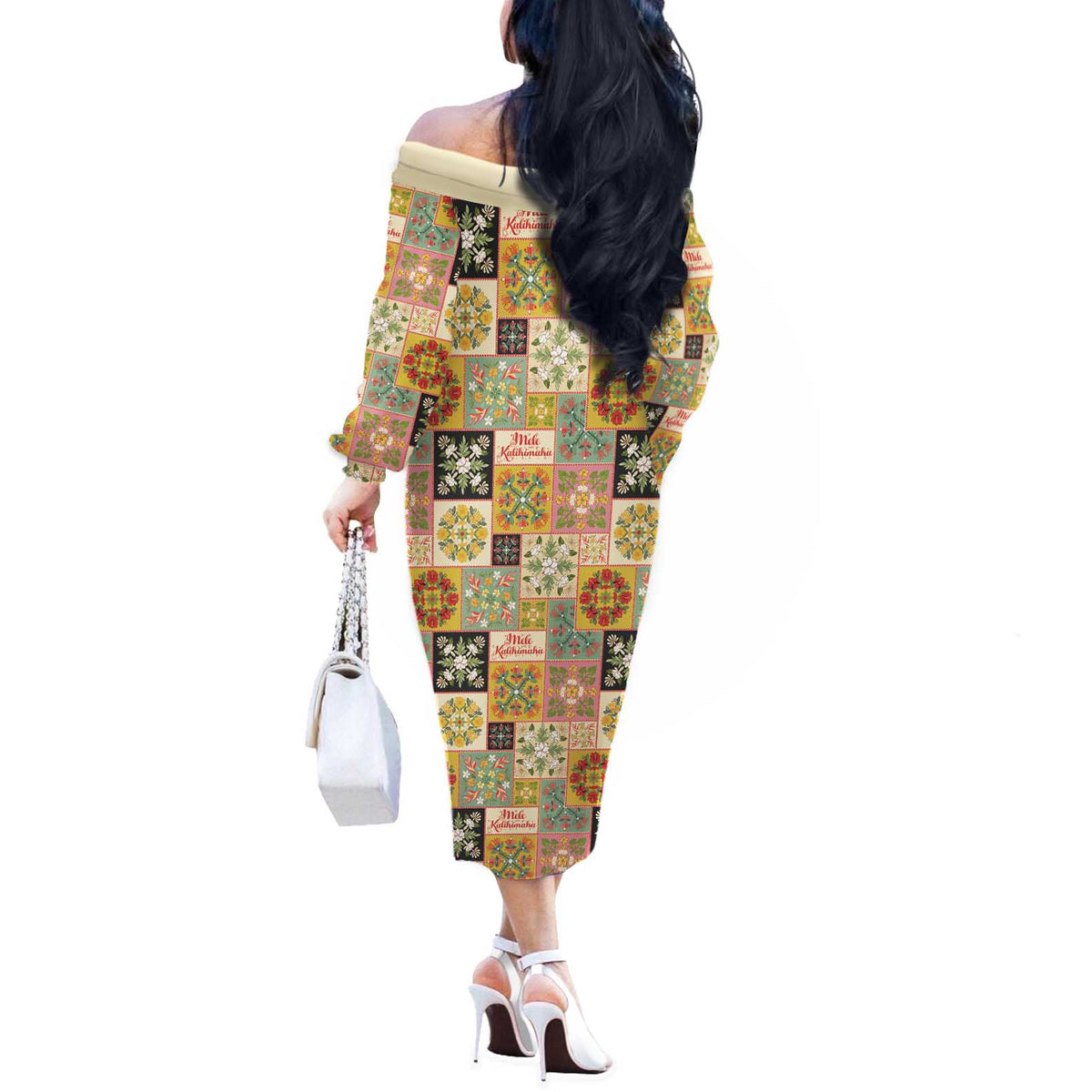 Mele Kalikimaka Hawaii Christmas Off The Shoulder Long Sleeve Dress Melemele Mama Seamless Floral Motif LT9 - Polynesian Pride