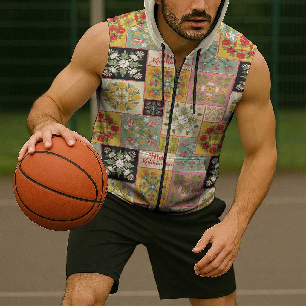 Mele Kalikimaka Hawaii Christmas Sleeveless Zip Hoodie Melemele Mama Seamless Floral Motif - Polynesian Pride