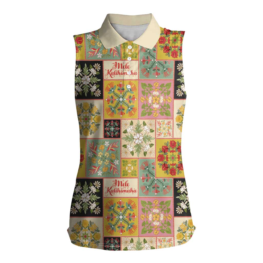 Mele Kalikimaka Hawaii Christmas Women Sleeveless Polo Shirt Melemele Mama Seamless Floral Motif LT9 Female Beige - Polynesian Pride