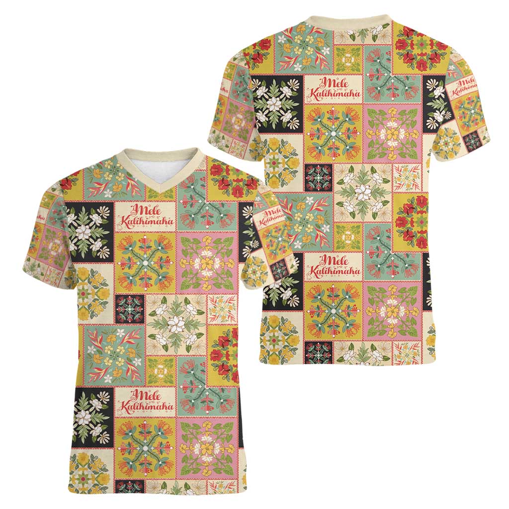 Mele Kalikimaka Hawaii Christmas Women V-Neck T-Shirt Melemele Mama Seamless Floral Motif LT9 - Polynesian Pride