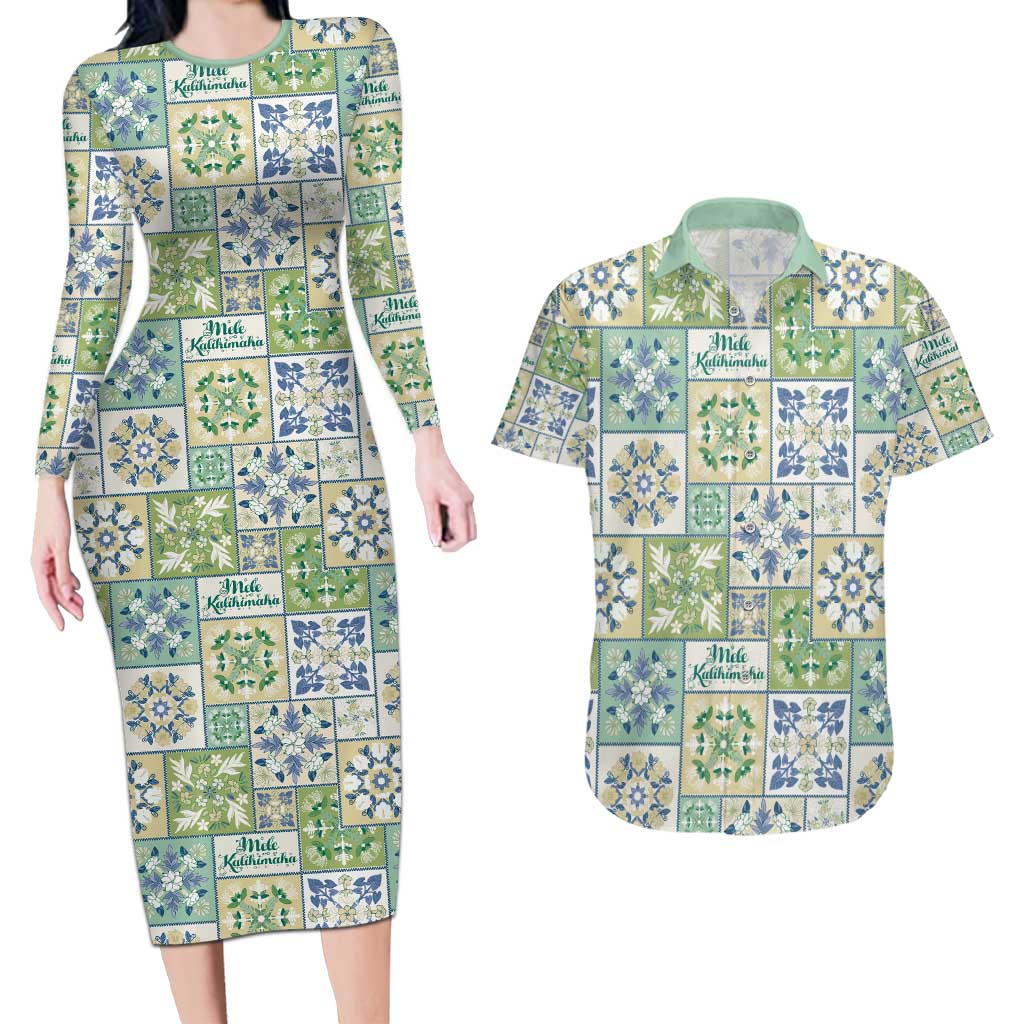 Mele Kalikimaka Hawaii Christmas Couples Matching Long Sleeve Bodycon Dress and Hawaiian Shirt Omaomao Seamless Floral Motif - Polynesian Pride