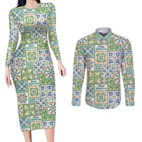 Mele Kalikimaka Hawaii Christmas Couples Matching Long Sleeve Bodycon Dress and Long Sleeve Button Shirt Omaomao Seamless Floral Motif LT9 Green - Polynesian Pride