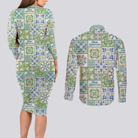 Mele Kalikimaka Hawaii Christmas Couples Matching Long Sleeve Bodycon Dress and Long Sleeve Button Shirt Omaomao Seamless Floral Motif LT9 - Polynesian Pride