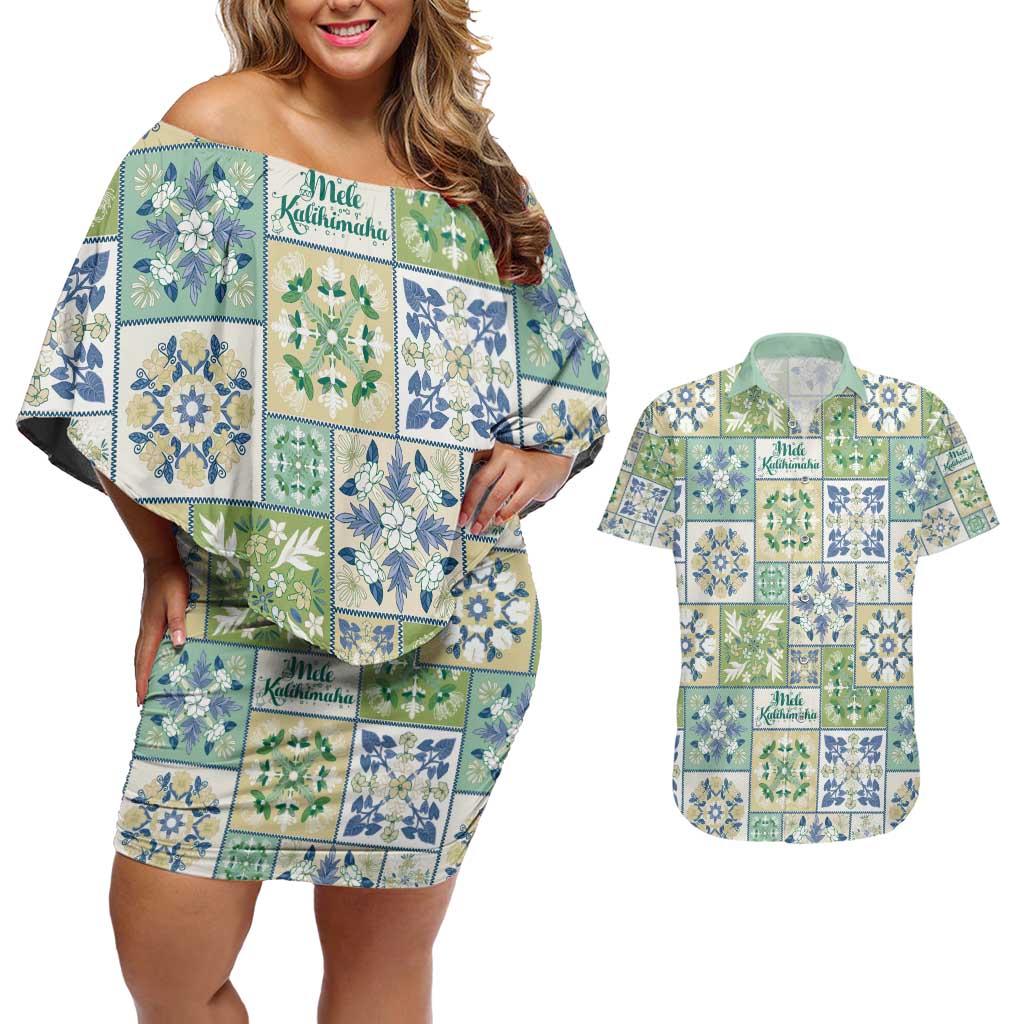 Mele Kalikimaka Hawaii Christmas Couples Matching Off Shoulder Short Dress and Hawaiian Shirt Omaomao Seamless Floral Motif - Polynesian Pride