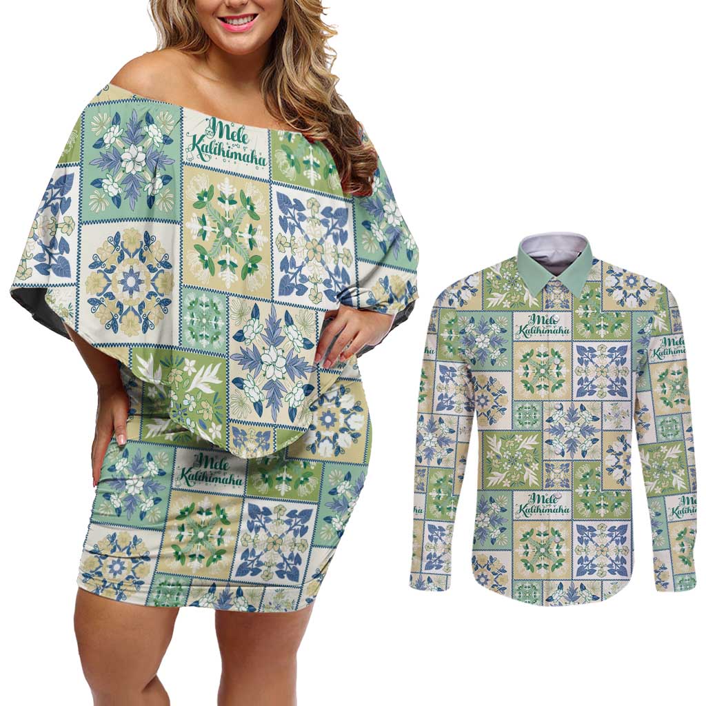 Mele Kalikimaka Hawaii Christmas Couples Matching Off Shoulder Short Dress and Long Sleeve Button Shirt Omaomao Seamless Floral Motif - Polynesian Pride