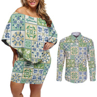 Mele Kalikimaka Hawaii Christmas Couples Matching Off Shoulder Short Dress and Long Sleeve Button Shirt Omaomao Seamless Floral Motif LT9 Green - Polynesian Pride