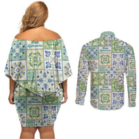 Mele Kalikimaka Hawaii Christmas Couples Matching Off Shoulder Short Dress and Long Sleeve Button Shirt Omaomao Seamless Floral Motif LT9 - Polynesian Pride
