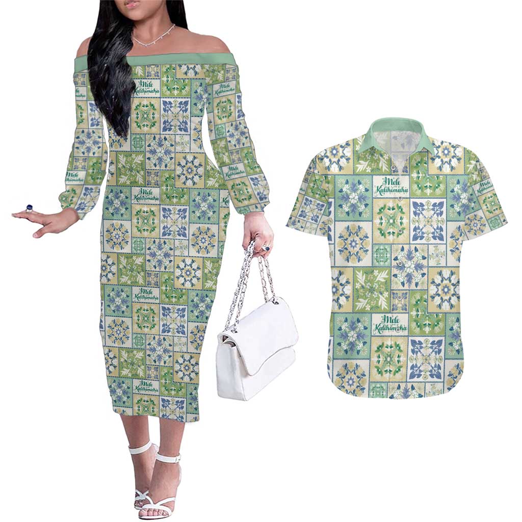 Mele Kalikimaka Hawaii Christmas Couples Matching Off The Shoulder Long Sleeve Dress and Hawaiian Shirt Omaomao Seamless Floral Motif - Polynesian Pride