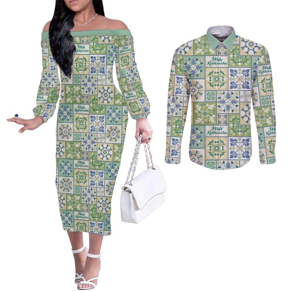 Mele Kalikimaka Hawaii Christmas Couples Matching Off The Shoulder Long Sleeve Dress and Long Sleeve Button Shirt Omaomao Seamless Floral Motif - Polynesian Pride