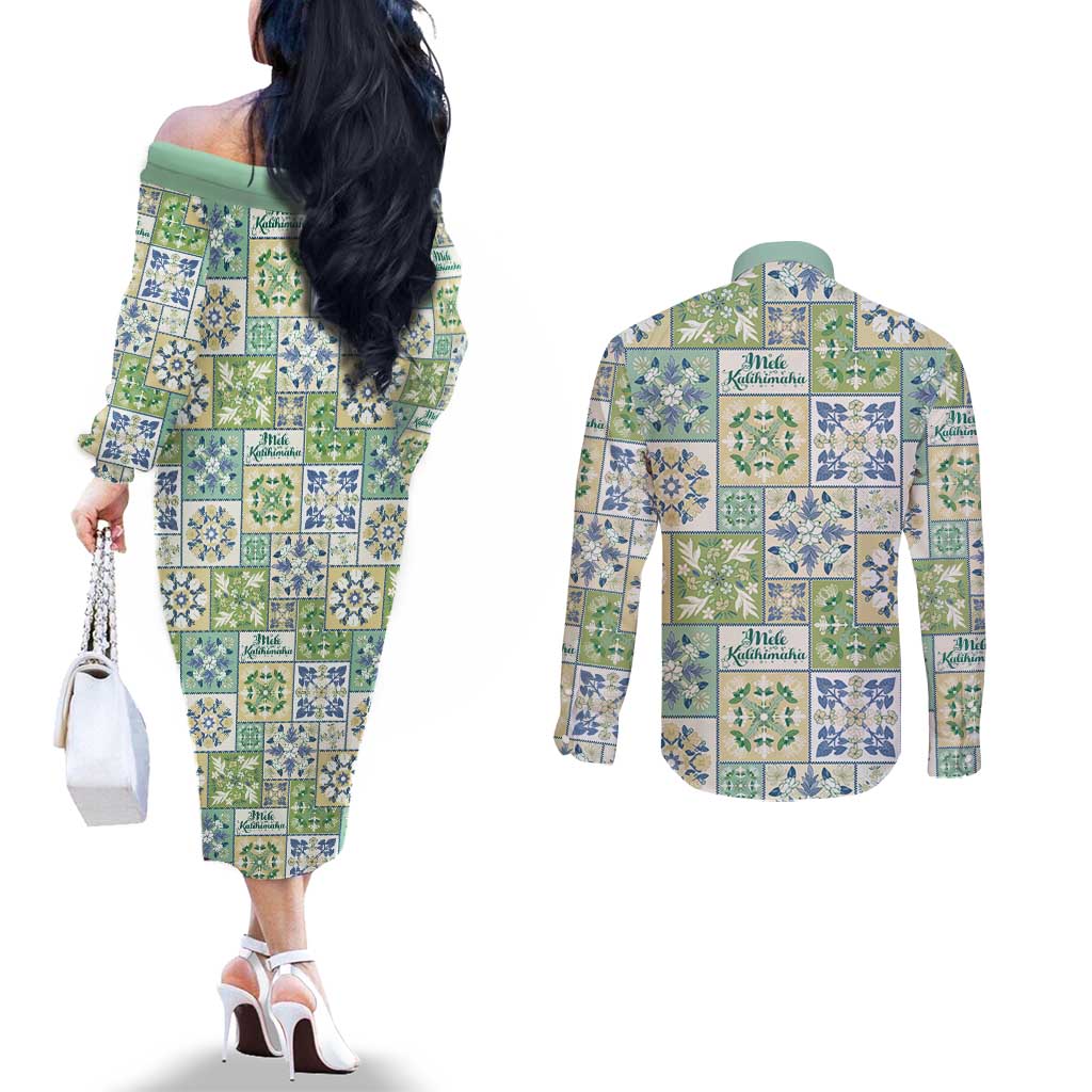 Mele Kalikimaka Hawaii Christmas Couples Matching Off The Shoulder Long Sleeve Dress and Long Sleeve Button Shirt Omaomao Seamless Floral Motif LT9 - Polynesian Pride