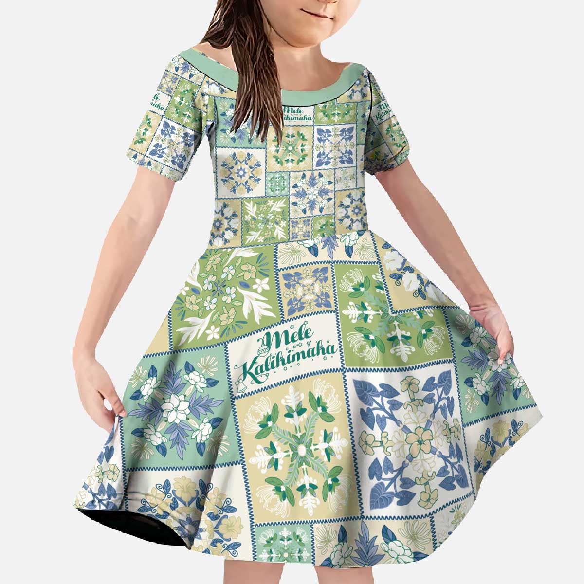 Mele Kalikimaka Hawaii Christmas Family Matching Off The Shoulder Long Sleeve Dress and Hawaiian Shirt Omaomao Seamless Floral Motif LT9 Daughter's Dress Green - Polynesian Pride