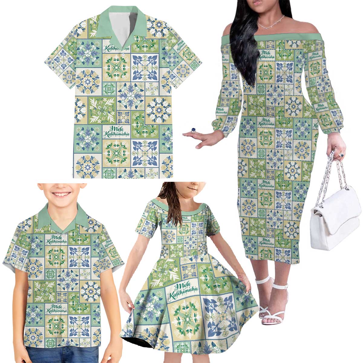Mele Kalikimaka Hawaii Christmas Family Matching Off The Shoulder Long Sleeve Dress and Hawaiian Shirt Omaomao Seamless Floral Motif LT9 - Polynesian Pride