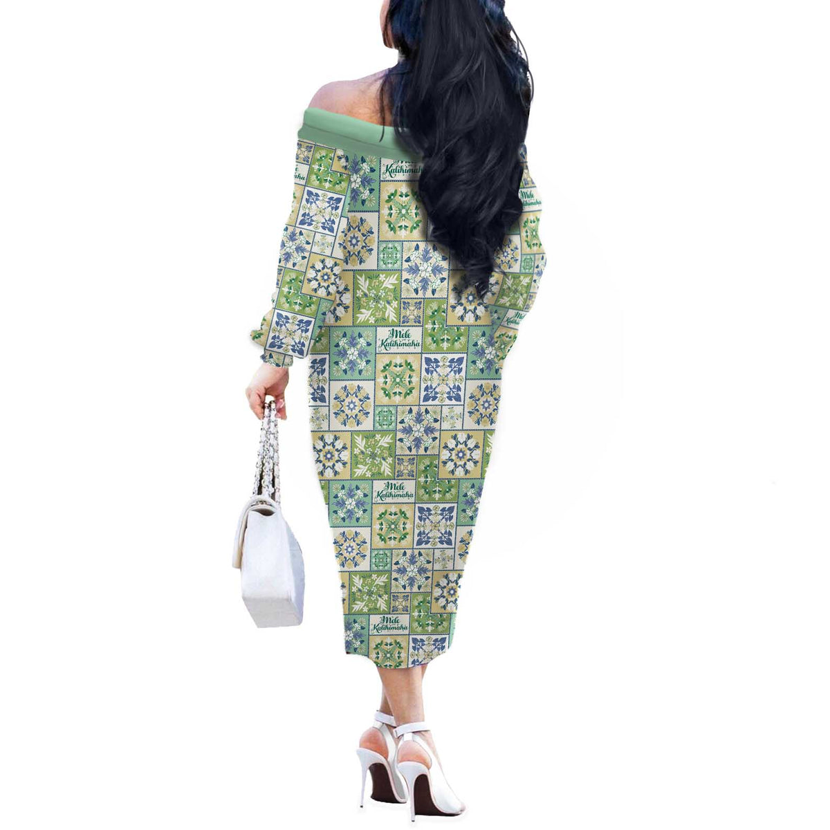 Mele Kalikimaka Hawaii Christmas Off The Shoulder Long Sleeve Dress Omaomao Seamless Floral Motif - Polynesian Pride