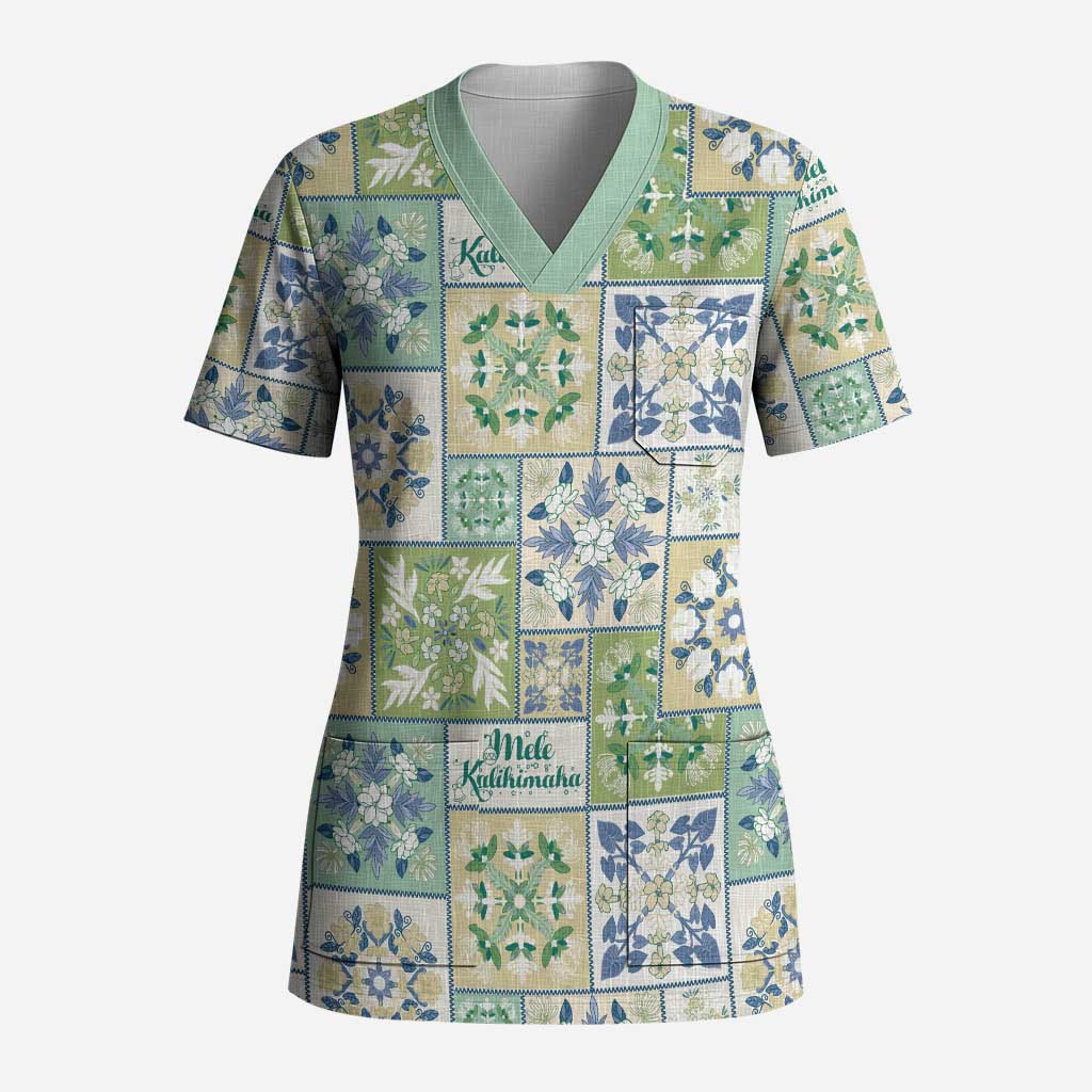 Mele Kalikimaka Hawaii Christmas Scrub Top Omaomao Seamless Floral Motif - Polynesian Pride