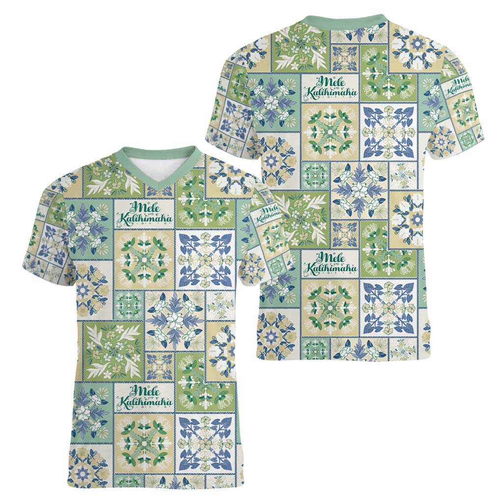 Mele Kalikimaka Hawaii Christmas Women V-Neck T-Shirt Omaomao Seamless Floral Motif LT9 - Polynesian Pride