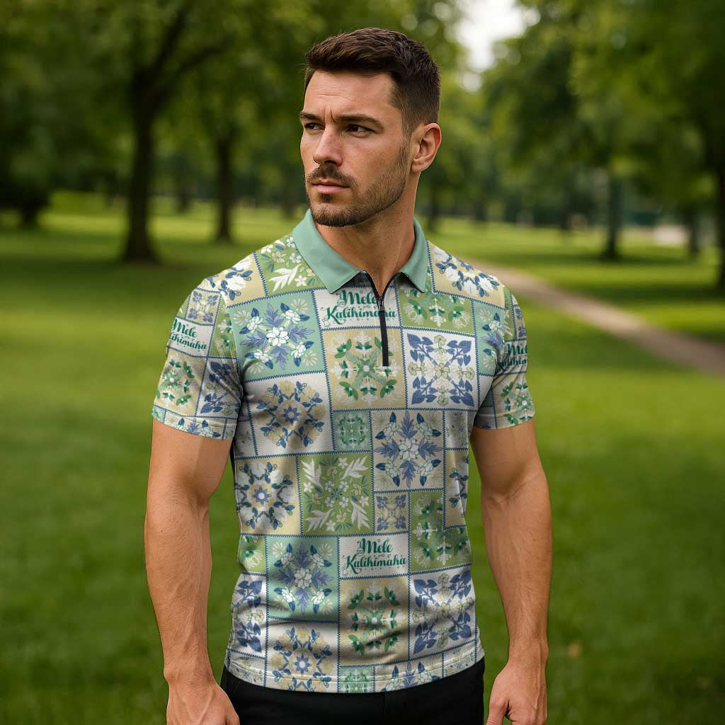Mele Kalikimaka Hawaii Christmas Zipper Polo Shirt Omaomao Seamless Floral Motif - Polynesian Pride