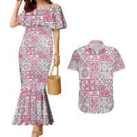 Mele Kalikimaka Hawaii Christmas Couples Matching Mermaid Dress and Hawaiian Shirt Akala Seamless Floral Motif LT9 Pink - Polynesian Pride