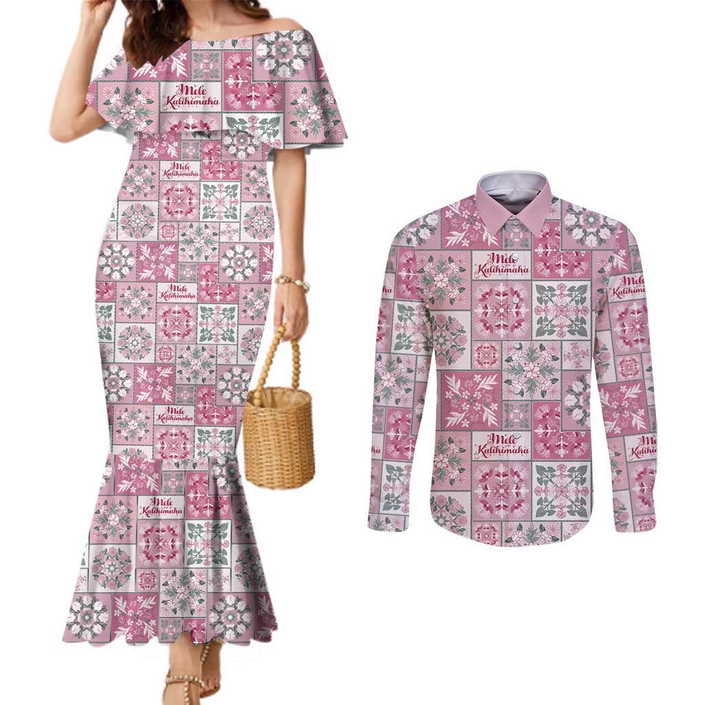 Mele Kalikimaka Hawaii Christmas Couples Matching Mermaid Dress and Long Sleeve Button Shirt Akala Seamless Floral Motif LT9 Pink - Polynesian Pride